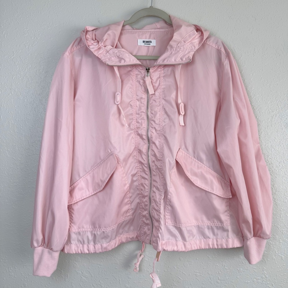 BB Dakota Steve Madden Pink Hooded Windbreaker rain Jacket Ruched Sleeve  L